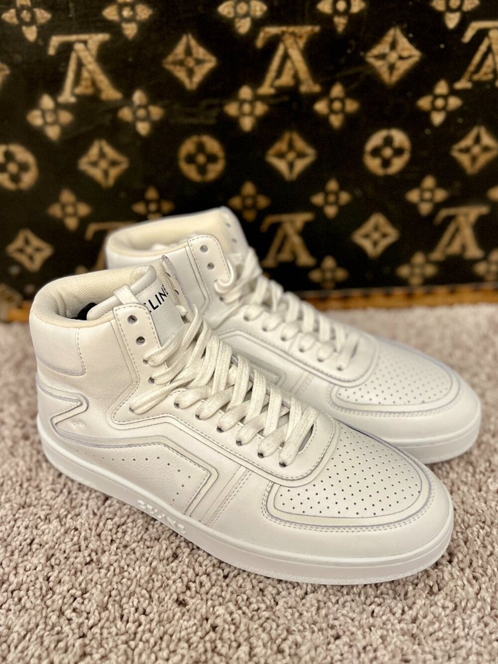 Celine Z White Leather Logo High Top Sneakers, NEW